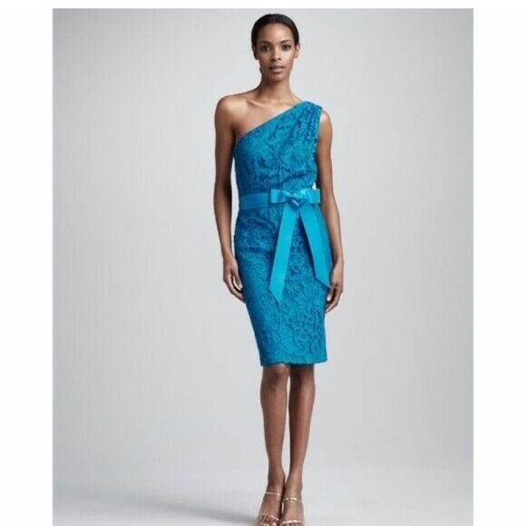 Tadashi Shoji one shoulder blue lace knee length dress size 8 NWT - Picture 1 of 12